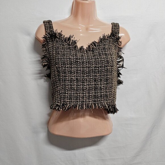 Anthropologie Mare Mare Tweed Crop Top Women Size S Black Tan Twill - Picture 2 of 13